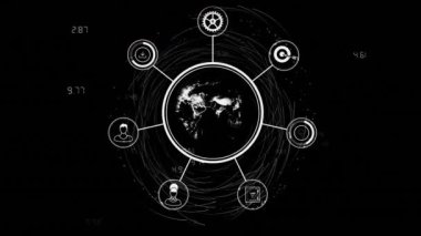 Hizmet ve teknolojiyi temsil eden birbirine bağlı simgeler, karanlık arka planda canlandırma. Teknoloji, dijital, ağ, animasyon, bağlantı, yenilik