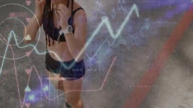 Spor yaparken kulaklıkları ayarlayan kadın için sağlık ve kalp atış hızı animasyonu. egzersiz, teknoloji, sağlık, spor, aktif