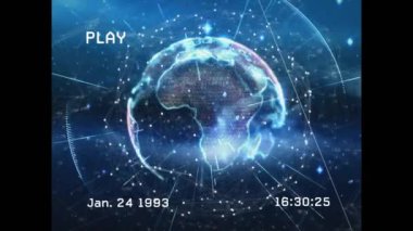 Ağ bağlantıları olan dijital dünya, zaman damgalı video üzerinde veri işleme animasyonu. Teknoloji, fütürist, küresel, iletişim, bağlantı, siber