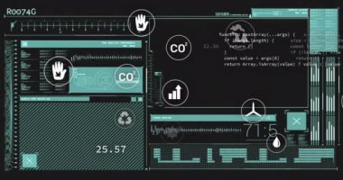 Çeşitli simgelerle dijital arayüz üzerinden çevresel veriler ve istatistik animasyonu. Teknoloji, analitik, çevre dostu, sürdürülebilirlik, görselleştirme, gösterge paneli