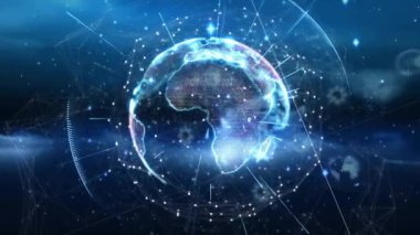 Veri işleme üzerinde hareket eden şekillerin ve kürenin animasyonu. Küresel iş ve dijital arayüz kavramı dijital olarak oluşturulmuş video.