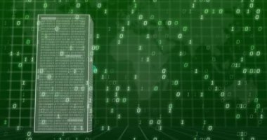 İkili kodlama üzerine sunucuların ve dijital bulutların animasyonu. Teknoloji ve dijital arayüz kavramı dijital olarak oluşturuldu.