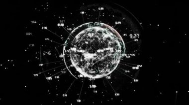 Veri noktaları ve numaraları olan dönen dünya, küresel ağ animasyonu. Küreselleşme, bağlantı, teknoloji, dijital, yenilik, iletişim