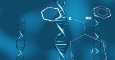 Kimyasal formülün üzerindeki DNA iplikçiklerinin canlandırılması. Desen ve soyut arkaplan kavramı dijital olarak oluşturuldu.