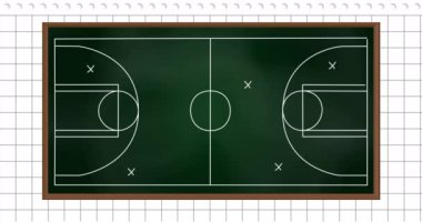 Basketbol stratejisi animasyonu karatahta sahası diyagramı üzerinde oyuncu pozisyonları ve oklarla. oyun kitabı, koçluk, takım çalışması, taktikler, spor, plan