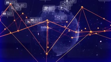 Dijital veri işleme ve mor arka plandaki dünya üzerindeki bağlantıların animasyonu. Dijital arayüz, bağlantılar, hesaplama ve veri işleme kavramı dijital olarak oluşturuldu.