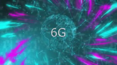 Neon çizgileri ve bağlantıları olan dijital dünyada 6G metin animasyonu. Teknoloji, ağ, iletişim, gelecek, yenilik, bağlantı