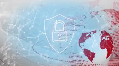Küresel ağ bağlantıları ve dünya haritası üzerinde dijital güvenlik kilidi animasyonu. Siber güvenlik, teknoloji, koruma, şifreleme, bağlantı, veri