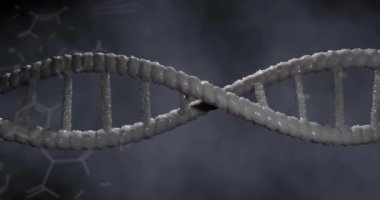 Kimyasal formülün üzerindeki DNA ipliklerinin animasyonu. Desen ve soyut arkaplan kavramı dijital olarak oluşturuldu.