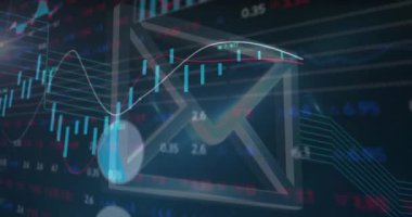 Borsa grafikleri ve finansal veriler üzerine e-posta simgesi animasyonu. Finans, yatırım, iş, dijital, iletişim, analiz