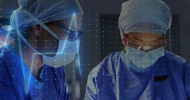 Kalp atışı animasyonu olan cerrahi giyimli tıp uzmanları. Sağlık, ameliyat, doktorlar, hemşireler, hastane, ameliyathane