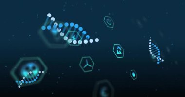 DNA ipliği ve altıgen şekiller, bilimsel veri işleme animasyonu. Genetik, biyoloji, moleküler, çift sarmal, araştırma, biyoteknoloji