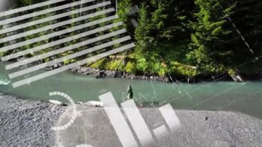 Nehirde balık tutmak, ormanla çevrili insan, olay yerinde veri analizi animasyonu. Doğa, teknoloji, açık hava, vahşi doğa, macera, eğlence