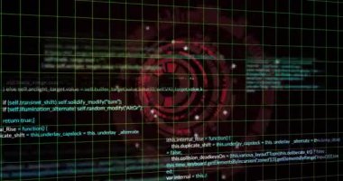 Şebeke arka planında bilgisayar kodu ve veri işleme animasyonu. Teknoloji, kodlama, programlama, dijital, fütüristik, matris