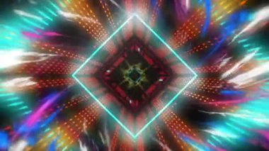 Renkli geometrik şekiller ve ışık yolları kaleydoskopik animasyon oluşturuyor. Desenler, simetri, canlı, aydınlık, soyut, dinamik