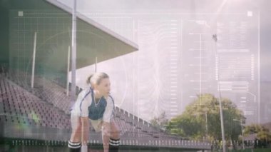 Futbol oynamak, dijital veri analizi animasyonunda topu yakalamak. Spor, atletizm, aksiyon, kaleci, teknoloji, istatistik