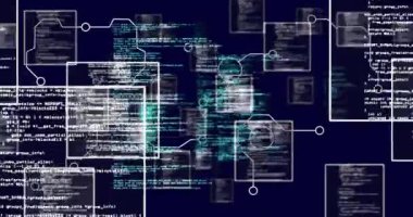 Kod ve veri akışı animasyonu, birbirine bağlı düğümlerle koyu arkaplan üzerinde programlanıyor. Teknoloji, kodlama, ağ, gelecek, dijital, matris