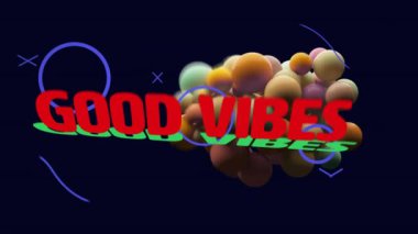 Koyu arkaplandaki renkli yüzen küreler üzerinde iyi bir VİBES metin animasyonu. Pozitif, enerjik, soyut, dijital, tipografi, dinamik