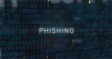 İkili kod ve dijital veri arkaplanı üzerine metin animasyonu yapmak. Siber güvenlik, siber suç, internet, hackleme, çevrimiçi, tehdit