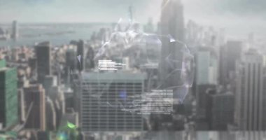 Animation of globe with data processing over cityscape. Global technology, computing and digital interface concept digitally generated video.