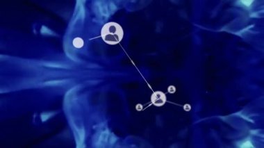 Soyut mavi arkaplan üzerinde bağlantılar ve kullanıcı simgeleri animasyonu ağı. Ağ, teknoloji, dijital, iletişim, siber alan