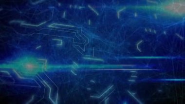 Mavi dijital arkaplan üzerinde devre kartı ve veri akışı animasyonu. Teknoloji, elektronik, yüksek teknoloji, yazılım, sanal, geleceksel