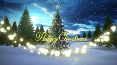 Parlayan peri ışıkları ve Noel ağacı üzerine yazılmış mutlu noel mesajlarının animasyonu. Noel, şenlik, kutlama ve gelenek konsepti dijital olarak oluşturuldu.