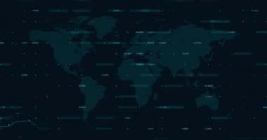 Finansal veri işleme animasyonu dünya haritasında siyah arka planda. Küresel teknoloji, bilgisayar ve dijital arayüz kavramı dijital olarak oluşturulmuş video.