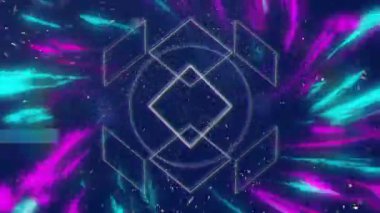 Geometrik şekilli ve neon ışık izli gelecekteki animasyonlar. soyutlama, dijital, teknoloji, parlaklık, modern