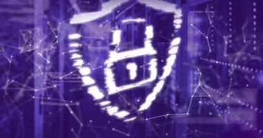 Veri sunucuları üzerinde dijital kalkan ve ağ bağlantıları. Siber güvenlik, veri koruması, ağ güvenliği, güvenlik duvarı, şifreleme, teknoloji