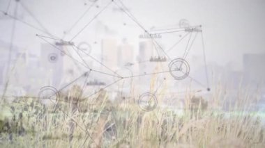 Şehir manzarası üzerinde uzun otlarla bağlantılar ve veri işleme animasyonu ağı. Teknoloji, fütürist, dijital, iletişim, altyapı, kentsel