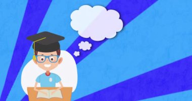 Mezuniyet şapkası ve düşünce baloncukları çizgi film öğrencilerinin kitap okuması üzerine animasyon yaratıyor. eğitim, öğrenme, kitaplar, bilgi, akademik, başarı