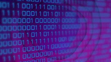 Mor ve mavi arka planda ikili kod animasyonu. Teknoloji, dijital, fütüristik, veri, programlama, siber uzay