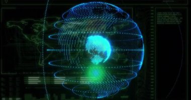 Dijital veri ve ağ bağlantılarıyla dönen dünya animasyonu. Global, teknoloji, bağlantı, internet, iletişim, bilgi