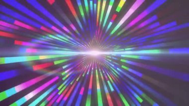 Renkli radyal ışık huzmeleri parlak merkeze doğru yaklaşıyor. Soyut, arkaplan, hareket, dinamik, geleceksel, teknoloji