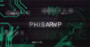 Bilgisayar devre kartından sahte metin ve dijital veri işleme animasyonu. Küresel siber güvenlik, bağlantılar, hesaplama ve veri işleme kavramı dijital olarak oluşturuldu.