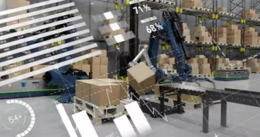 Depodaki finansal veri işleme animasyonu. Küresel gönderim, finans, iş, bağlantılar, hesaplama ve veri işleme kavramı dijital olarak oluşturulmuş video.