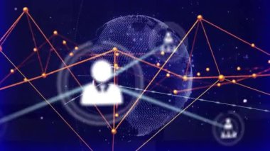 Dünya üzerindeki simgelerle ve veri işleme ağlarıyla bağlantıların animasyonu. Teknoloji ve dijital arayüz kavramı dijital olarak oluşturuldu.