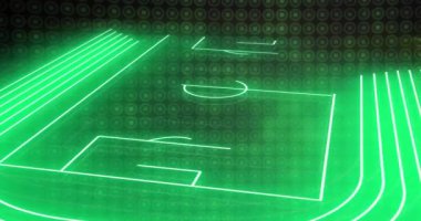 Parlak çizgileri ve veri işleme animasyonu olan bir futbol sahası. Spor, teknoloji, dijital, fütüristik, analiz, bilgi