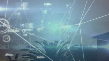Tropikal manzara üzerindeki bağlantılar ve veri işleme animasyonu ağı. teknoloji, dijital, fütüristik, bulut hesaplama, iletişim, siber uzay