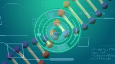 Dna iplikçiklerinin mavi arkaplandaki veri işlemesiyle birlikte taranması. Küresel teknoloji, bağlantılar, hesaplama ve dijital arayüz kavramı dijital olarak oluşturulmuş video.