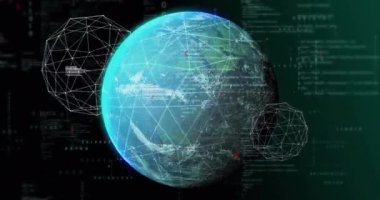 Siyah arkaplanda veri işleme üzerinden DNA bağlantı ağının ve dünyanın animasyonu. Teknoloji ve dijital arayüz kavramı dijital olarak oluşturuldu.