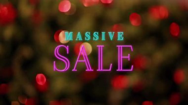 Bulanık tatil ışıkları arka planında büyük indirimli metin animasyonu. indirim, promosyon, kutlama, alışveriş, reklam, pazarlama