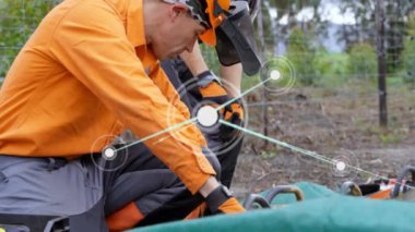 Ormandaki işçiler üzerinde bağlantı ve veri işleme ağı. Teknoloji, ağ oluşturma, dijital, takım çalışması, çevre, yenilik