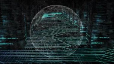 Veri işleme arkaplanı üzerinde dijital devre kartı ve küresel animasyon. Teknoloji, yenilik, küresel, ağ, fütürist