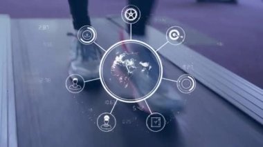 Koşu bandında koşan kişinin sağlık kontrolü ve veri analizi animasyonu. egzersiz, sağlık, spor, teknoloji