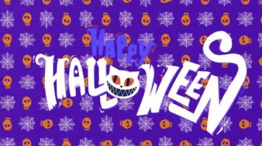 Kafatasları ve örümcek ağları olan mor arkaplanlı Cadılar Bayramı metin animasyonunuz kutlu olsun. Kutlama, ürkütücü, ürkütücü, neşeli, selamlama, tatil