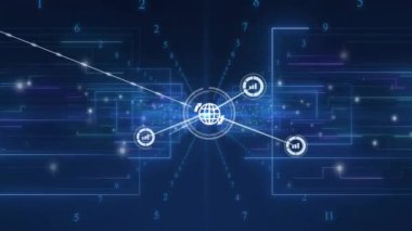Dijital arayüz arkaplanı üzerinden ağ bağlantıları ve veri işleme animasyonu. Teknoloji, bilgi, siber uzay, fütüristik, iletişim, sanal