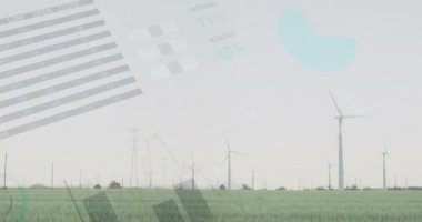 Rüzgâr türbinleri veri canlandırma animasyonu ile kaplandı. Yenilenebilir, enerji, sürdürülebilirlik, teknoloji, yenilik, yeşil