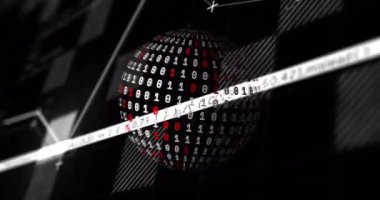 Siyah arkaplan üzerinde grafik ile ikili kod küre ve veri işleme animasyonu. Teknoloji, dijital, kodlama, gelecek, analiz, bilgi